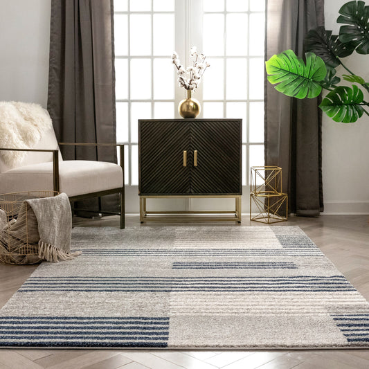Linea Contemporary Solid & Striped Distressed Grey / Blue Rug LIS-57