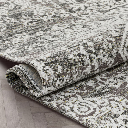Cantu Vintage Distressed Damask Pattern Black Kilim-Style Rug LL-37