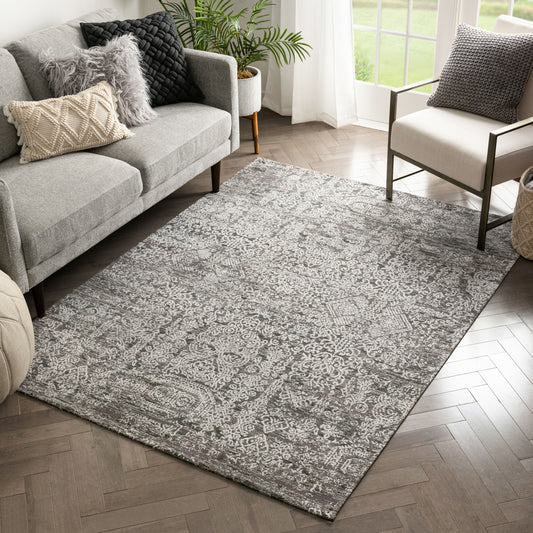 Cantu Vintage Distressed Damask Pattern Black Kilim-Style Rug LL-37