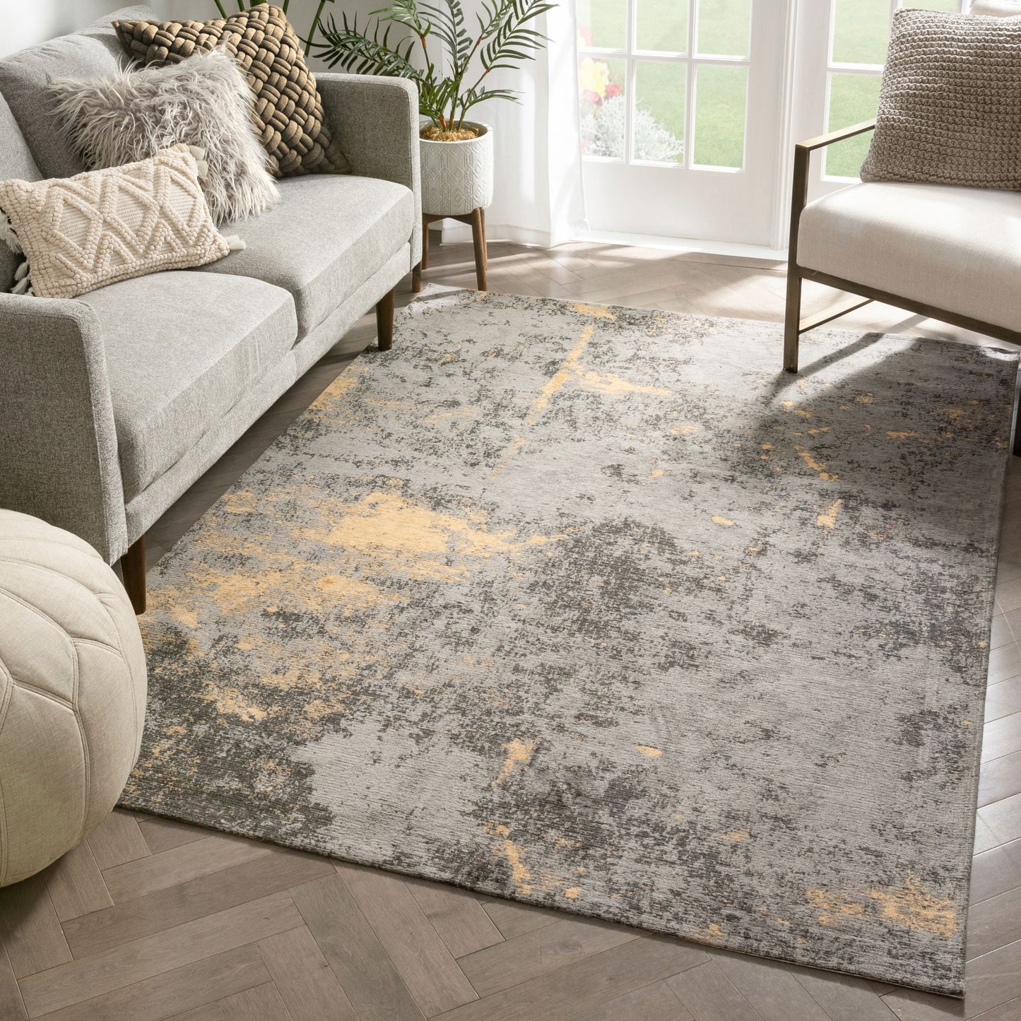 Stressa Modern Distressed Abstract Brush Stroke Beige Kilim-Style Rug LL-97