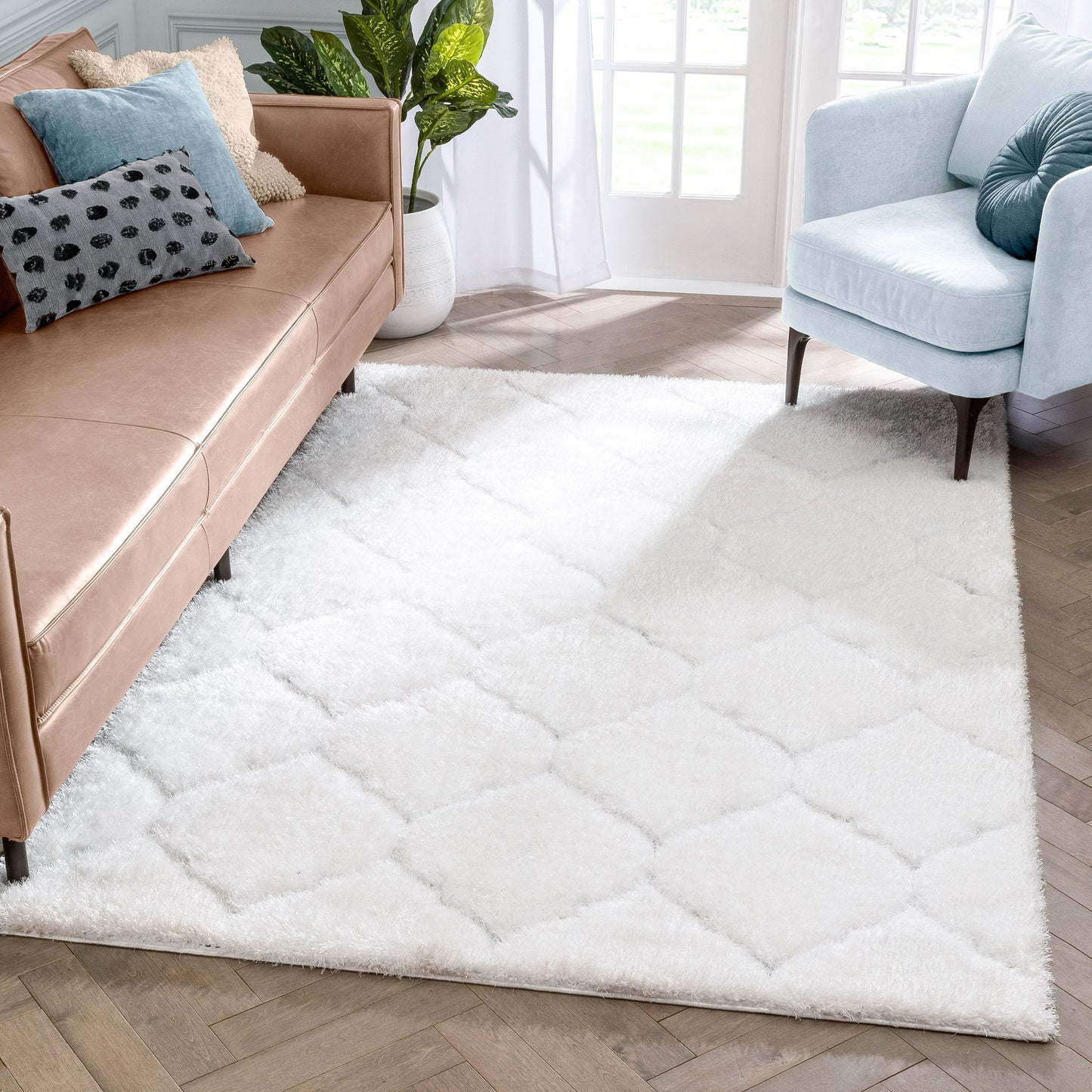 Sandy Lattice Trellis Shag Ivory 3D Textured Rug LOG-112