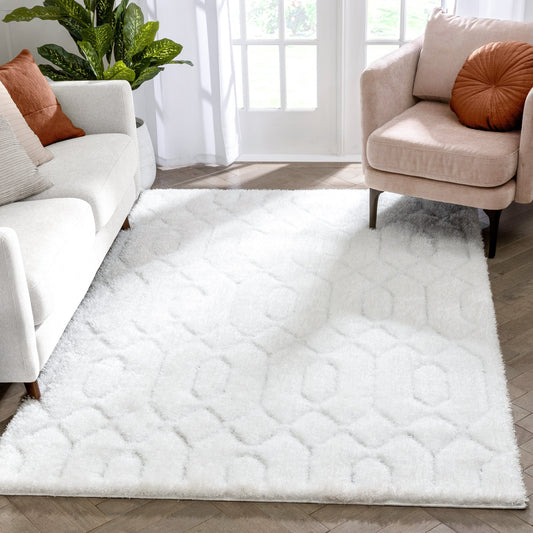Winona Honeycomb Hexagon Pattern Shag Ivory 3D Textured Rug LOG-142