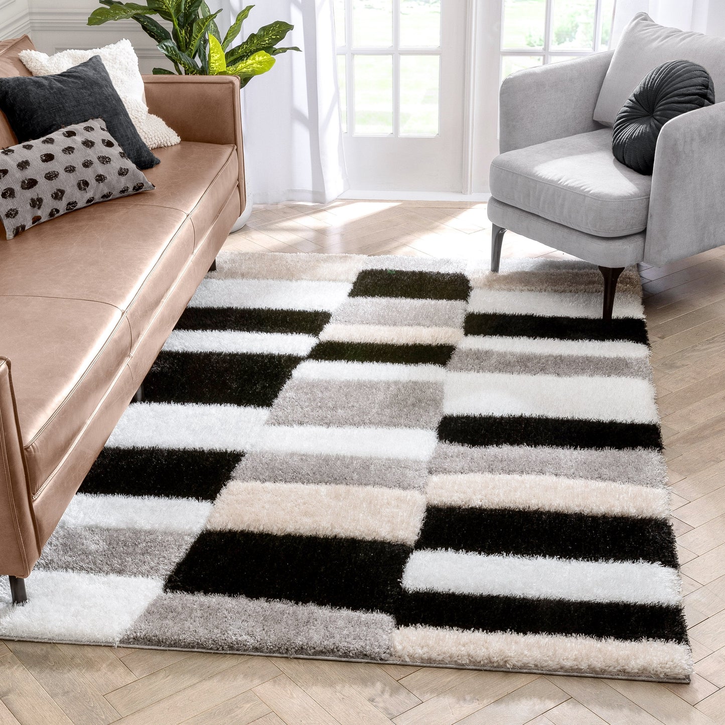 Chaska Geometric Squares Shag Ivory Black 3D Textured Rug LOG-62