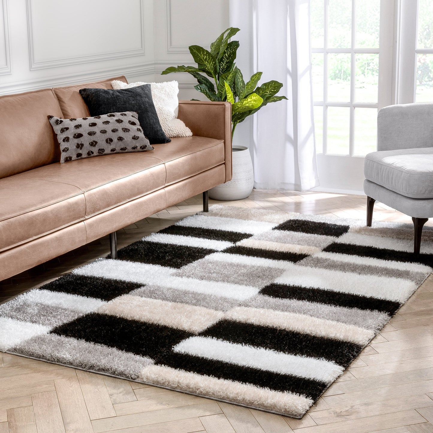 Chaska Geometric Squares Shag Ivory Black 3D Textured Rug LOG-62