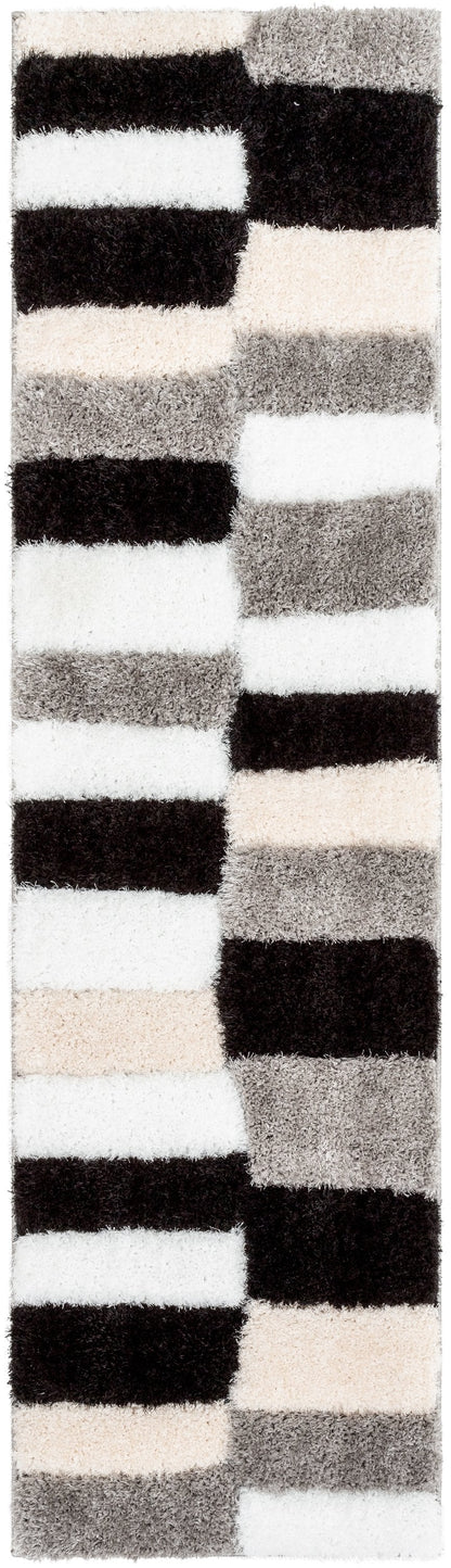 Chaska Geometric Squares Shag Ivory Black 3D Textured Rug LOG-62