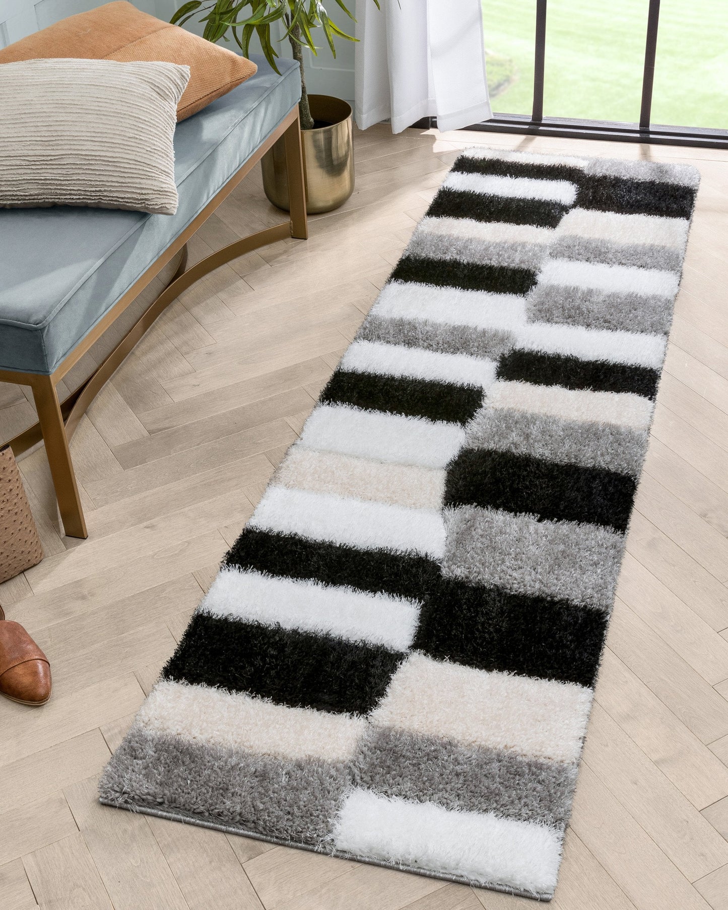 Chaska Geometric Squares Shag Ivory Black 3D Textured Rug LOG-62