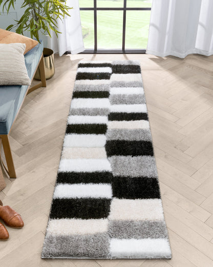 Chaska Geometric Squares Shag Ivory Black 3D Textured Rug LOG-62