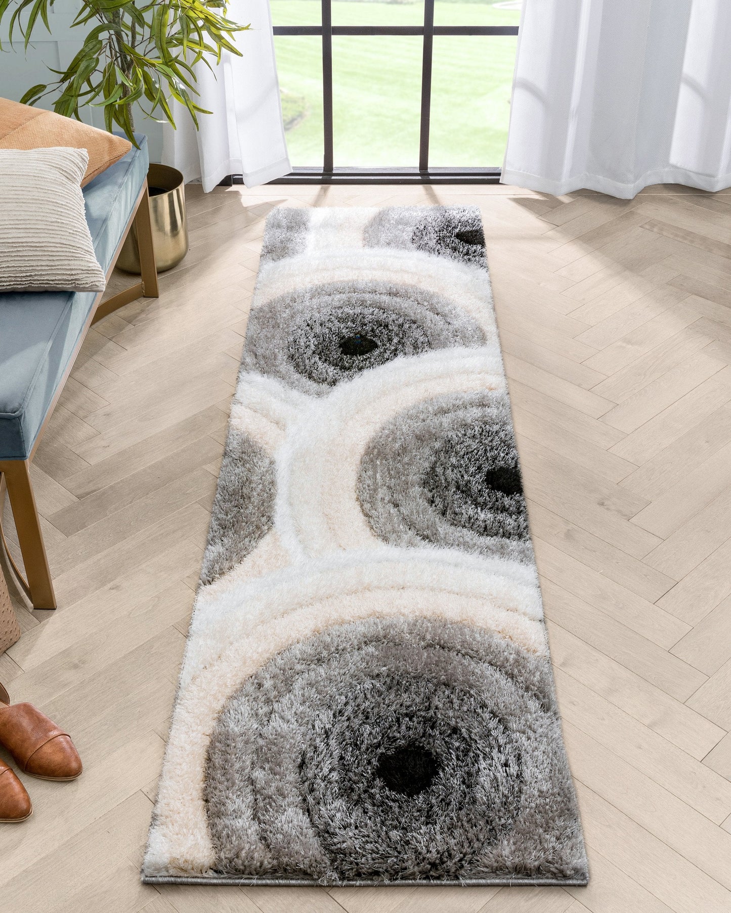 Edina Geometric Circles Shag Ivory Grey 3D Textured Rug LOG-72