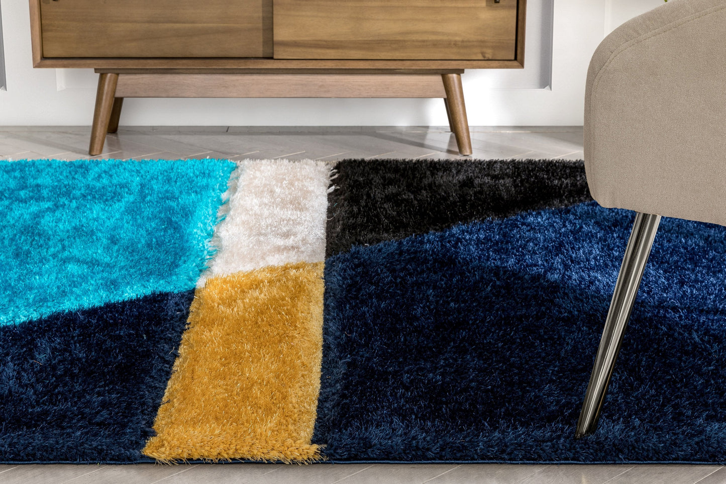 Mori Modern Abstract Geometric 3D Textured Shag Blue Yellow Rug LOL-14