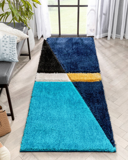Mori Modern Abstract Geometric 3D Textured Shag Blue Yellow Rug LOL-14