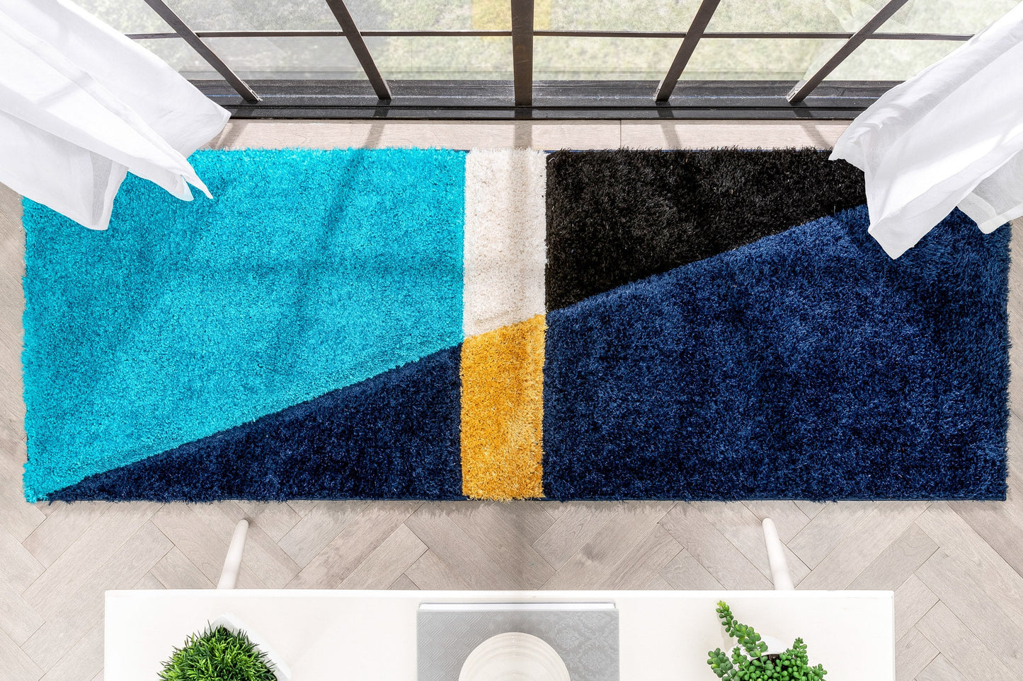 Mori Modern Abstract Geometric 3D Textured Shag Blue Yellow Rug LOL-14