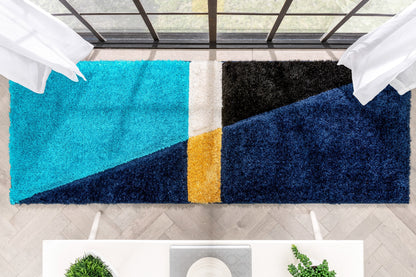 Mori Modern Abstract Geometric 3D Textured Shag Blue Yellow Rug LOL-14