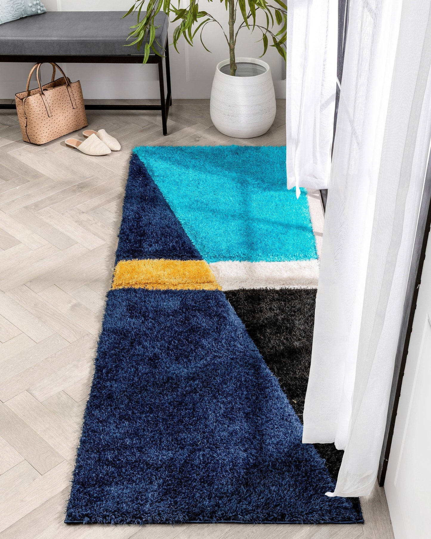Mori Modern Abstract Geometric 3D Textured Shag Blue Yellow Rug LOL-14
