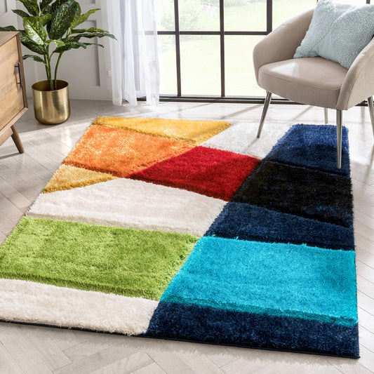 Remi Contemporary Geometric Boxes 3D Textured Shag Multi Rug LOL-20