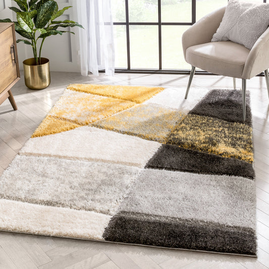 Remi Contemporary Geometric Boxes 3D Textured Shag Yellow Grey Rug LOL-21