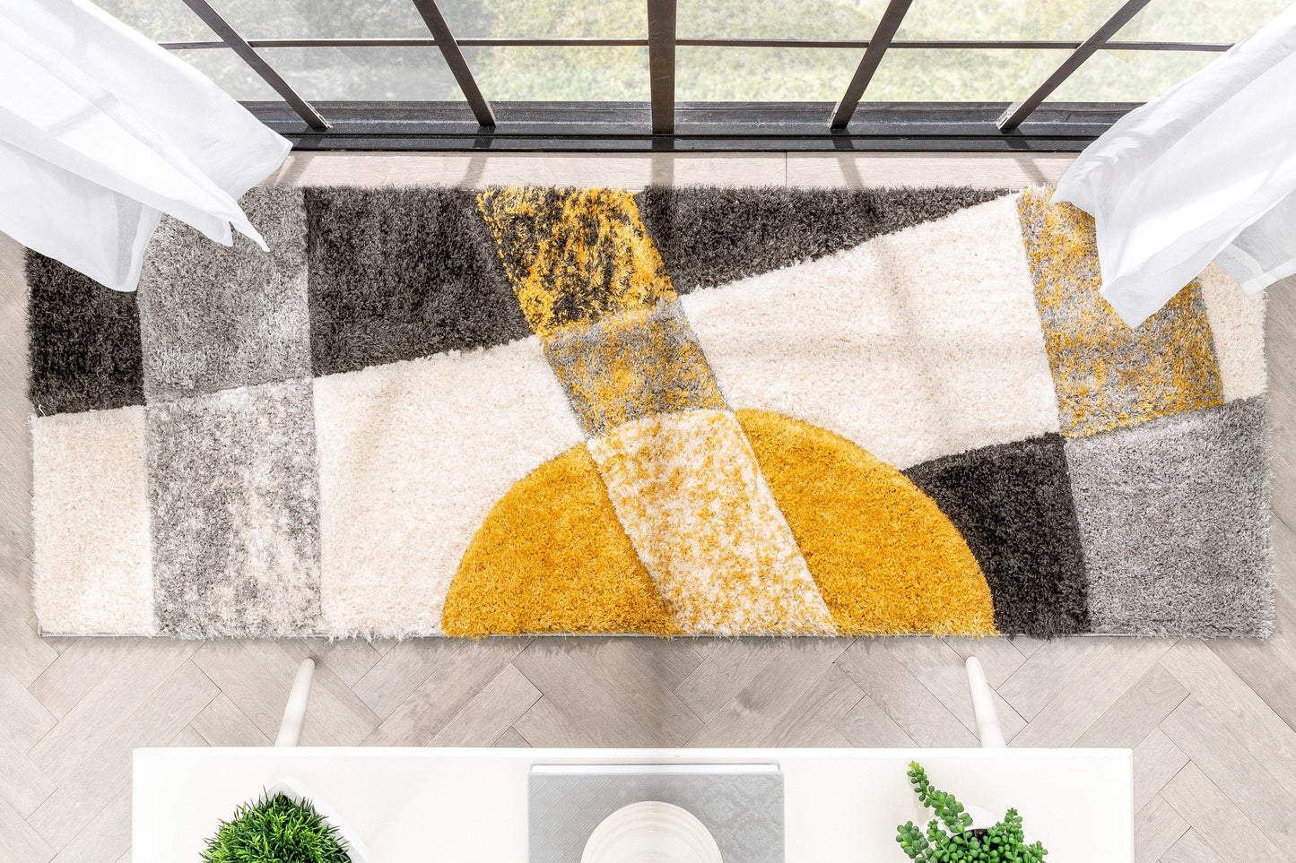 Remi Contemporary Geometric Boxes 3D Textured Shag Yellow Grey Rug LOL-21