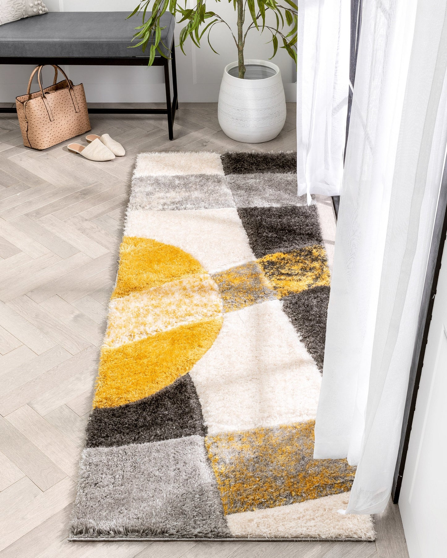 Remi Contemporary Geometric Boxes 3D Textured Shag Yellow Grey Rug LOL-21