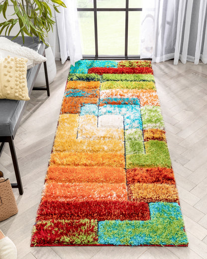 Kenzo Retro Geometric Pattern 3D Textured Shag Multi Rug LOL-30
