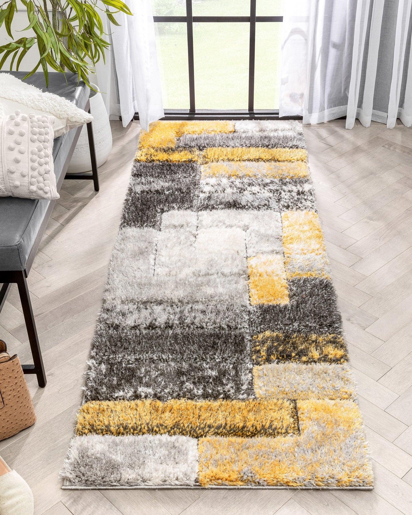 Kenzo Retro Geometric Pattern 3D Textured Shag Yellow Grey Rug LOL-31