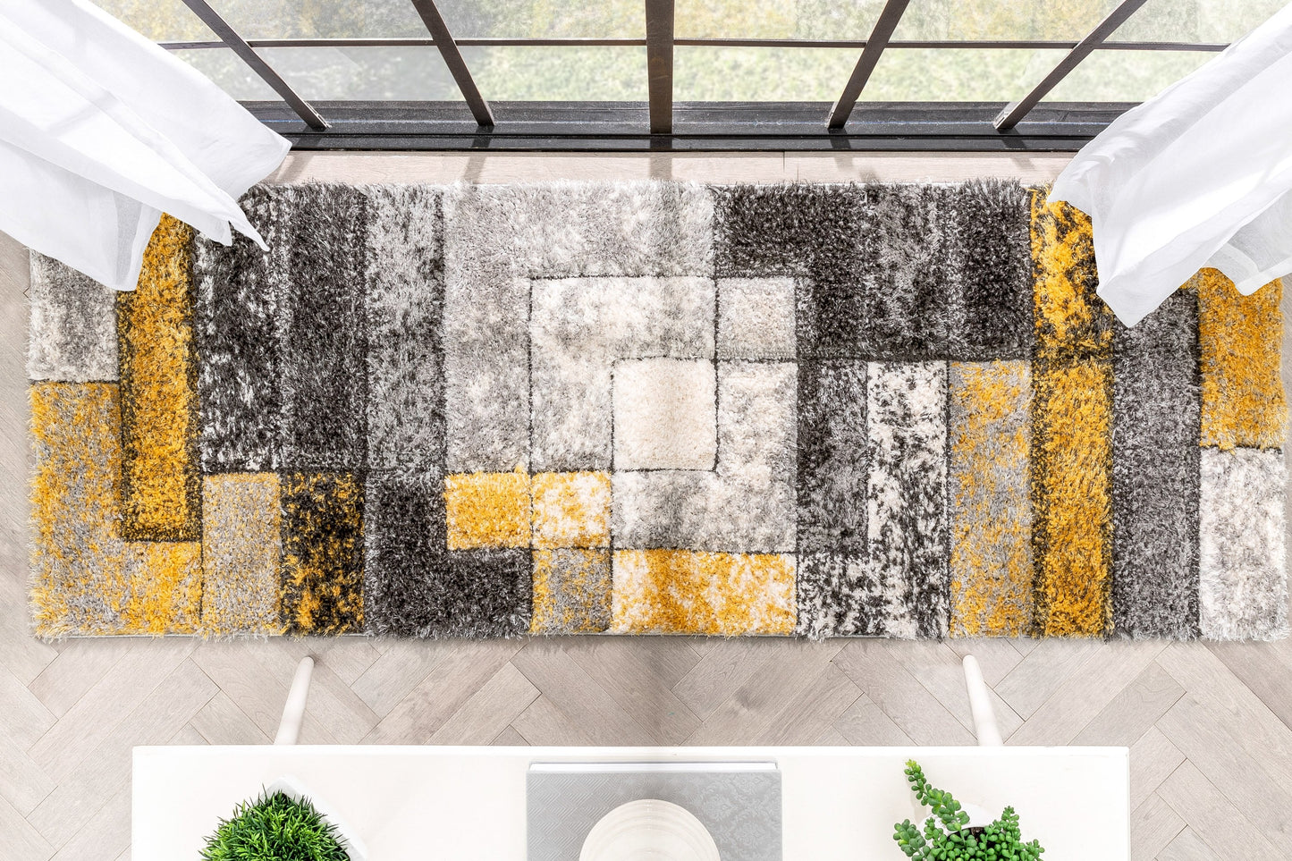 Kenzo Retro Geometric Pattern 3D Textured Shag Yellow Grey Rug LOL-31