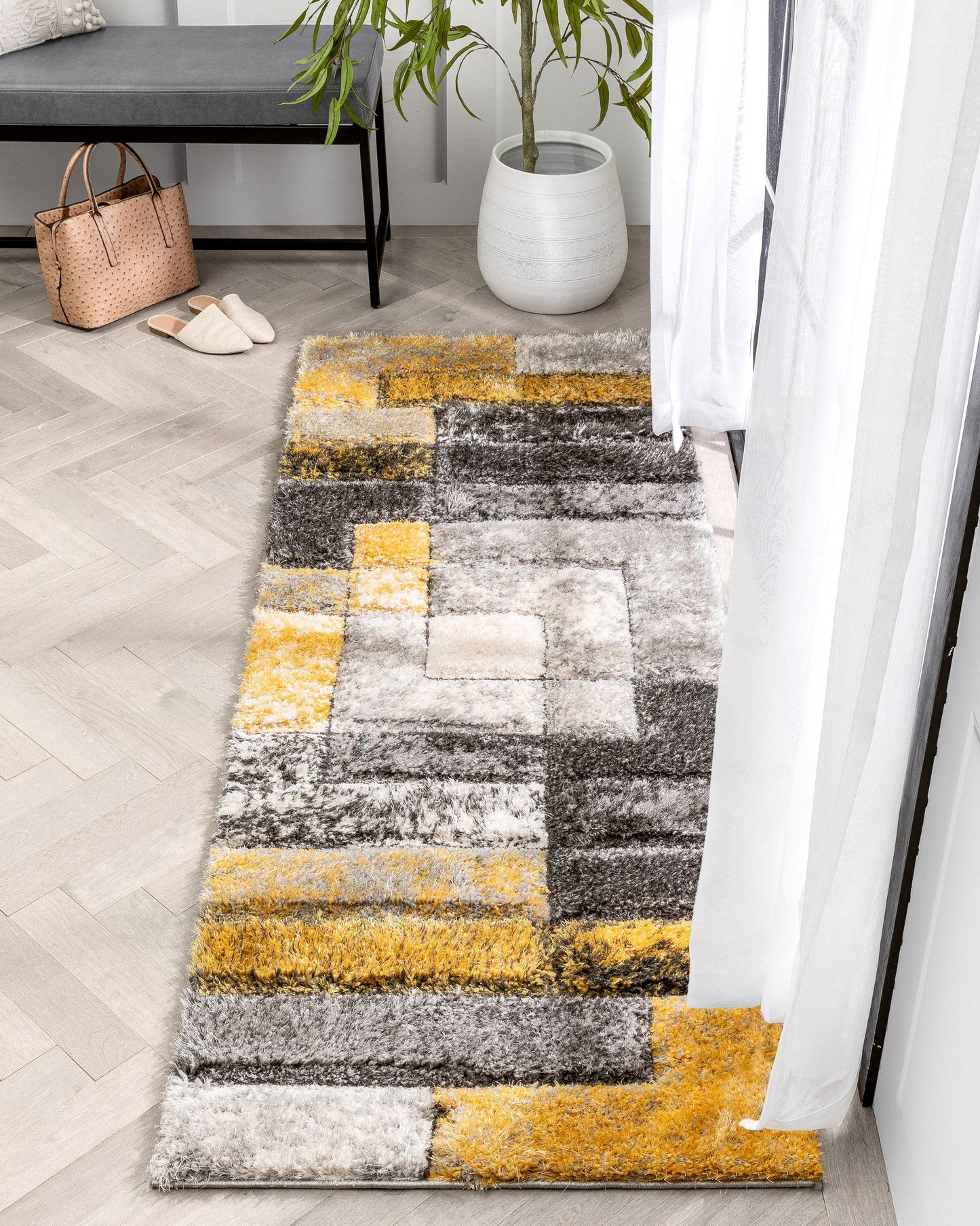 Kenzo Retro Geometric Pattern 3D Textured Shag Yellow Grey Rug LOL-31