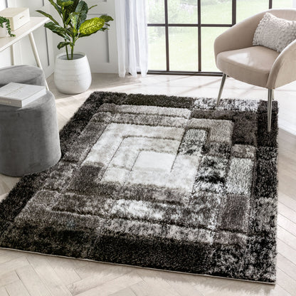 Kenzo Retro Geometric Pattern 3D Textured Shag Black Grey Rug LOL-33