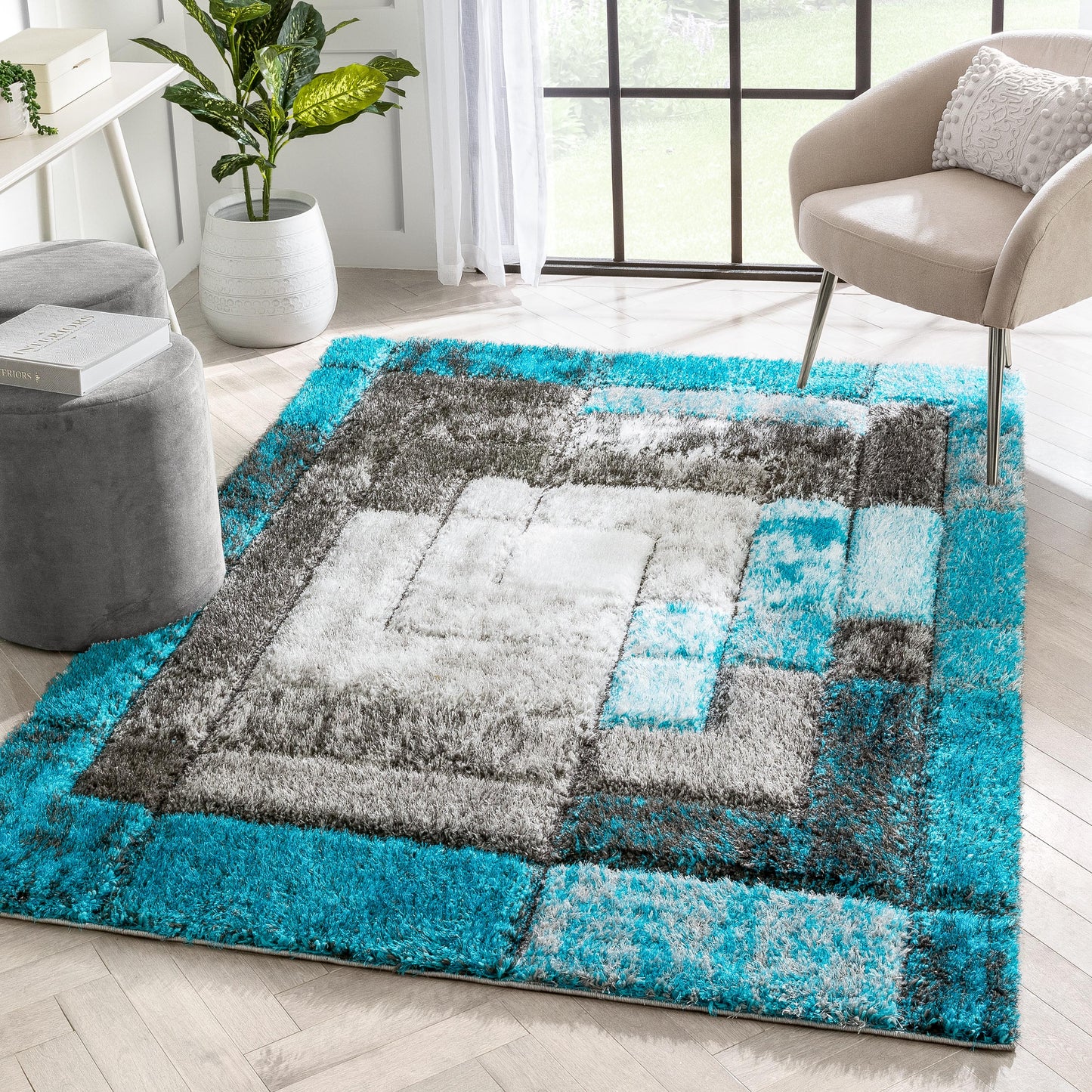Kenzo Retro Geometric Pattern 3D Textured Shag Teal Grey Rug LOL-36