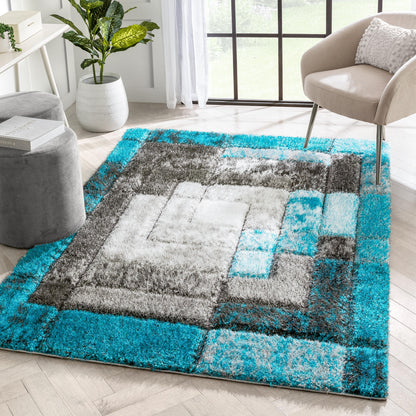 Kenzo Retro Geometric Pattern 3D Textured Shag Teal Grey Rug LOL-36