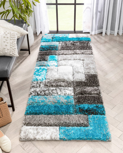 Kenzo Retro Geometric Pattern 3D Textured Shag Teal Grey Rug LOL-36