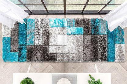 Kenzo Retro Geometric Pattern 3D Textured Shag Teal Grey Rug LOL-36