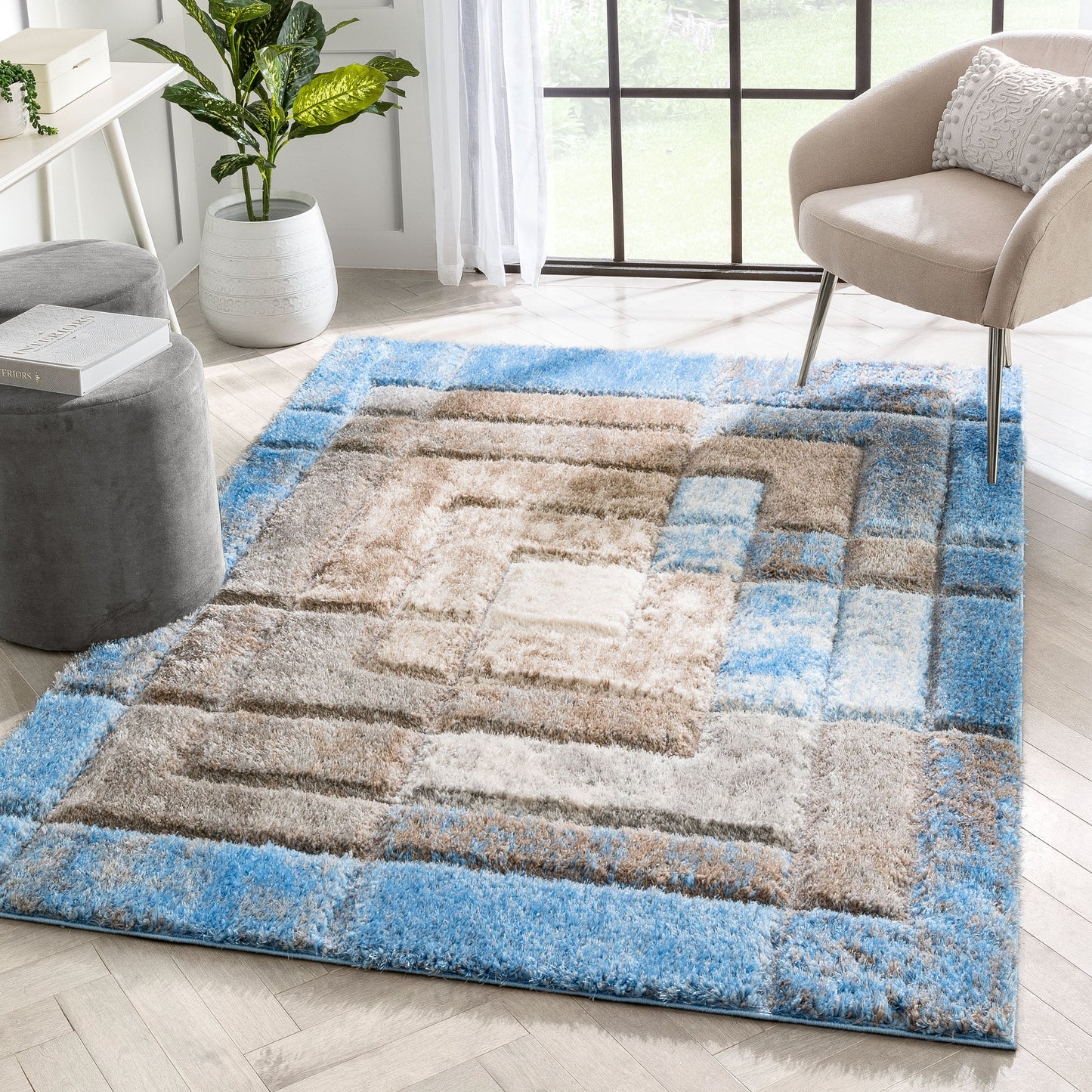 Kenzo Retro Geometric Pattern 3D Textured Shag Grey Light Blue Rug LOL-37