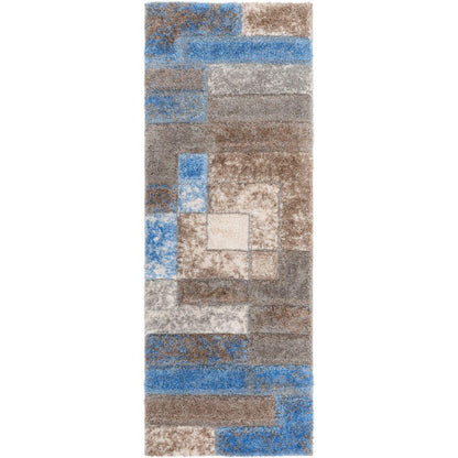 Kenzo Retro Geometric Pattern 3D Textured Shag Grey Light Blue Rug LOL-37