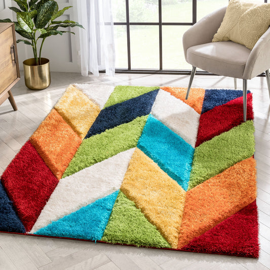 Mika Retro Chevron 3D Textured Shag Multi Rug LOL-40
