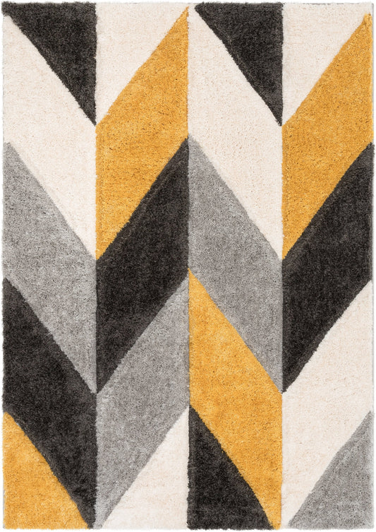 Mika Retro Chevron 3D Textured Shag Yellow Grey Rug LOL-41