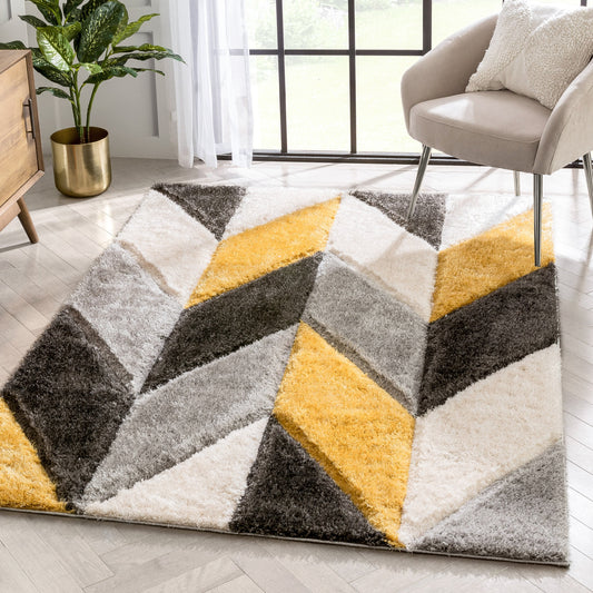Mika Retro Chevron 3D Textured Shag Yellow Grey Rug LOL-41