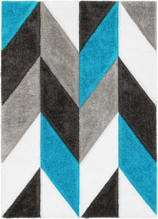 Mika Retro Chevron 3D Textured Shag Teal Grey Rug LOL-46