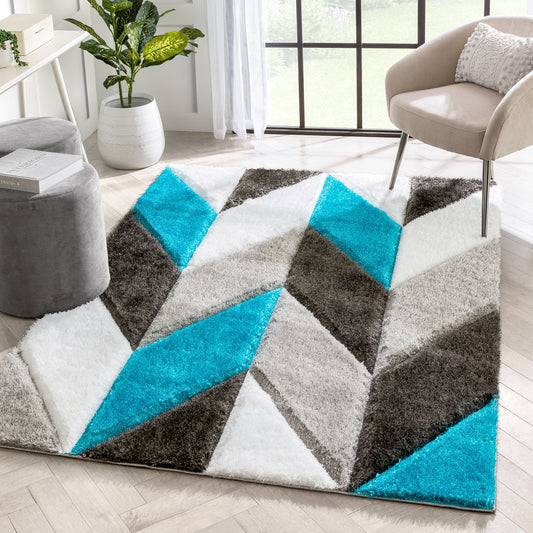 Mika Retro Chevron 3D Textured Shag Teal Grey Rug LOL-46