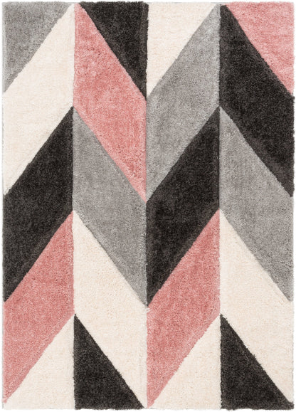 Mika Retro Chevron 3D Textured Shag Pink Grey Rug LOL-49