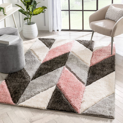 Mika Retro Chevron 3D Textured Shag Pink Grey Rug LOL-49