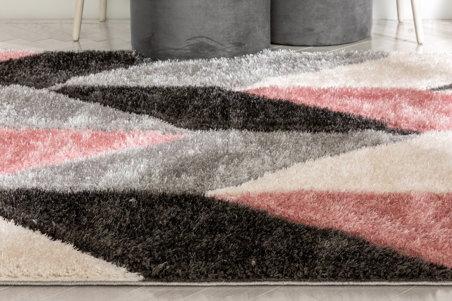 Mika Retro Chevron 3D Textured Shag Pink Grey Rug LOL-49