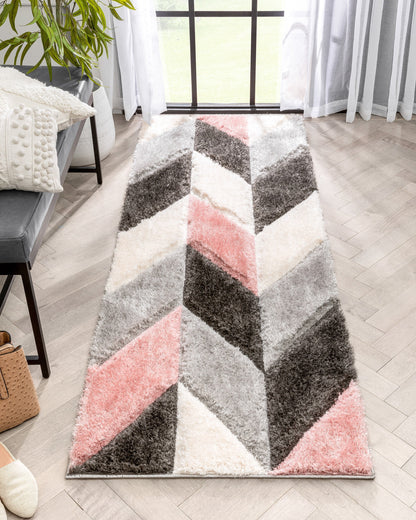 Mika Retro Chevron 3D Textured Shag Pink Grey Rug LOL-49