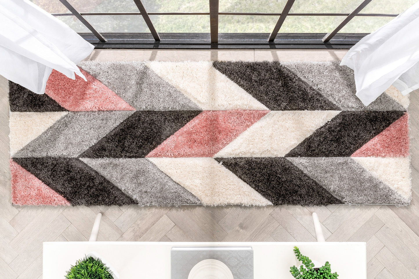 Mika Retro Chevron 3D Textured Shag Pink Grey Rug LOL-49