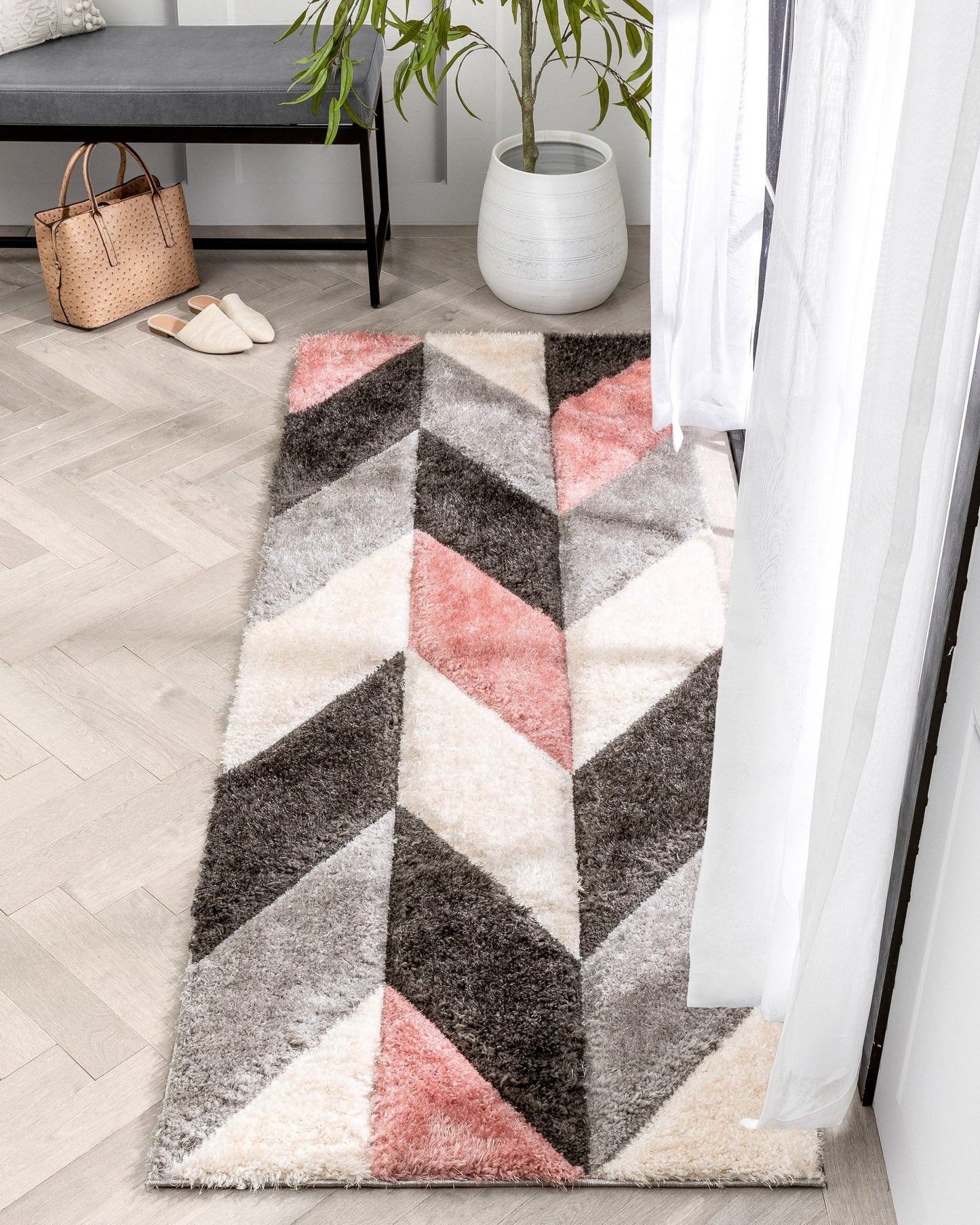 Mika Retro Chevron 3D Textured Shag Pink Grey Rug LOL-49