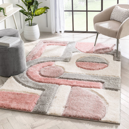 Remi Modern Geometric Stripes 3D Textured Shag Blush Gold Rug LOL-59