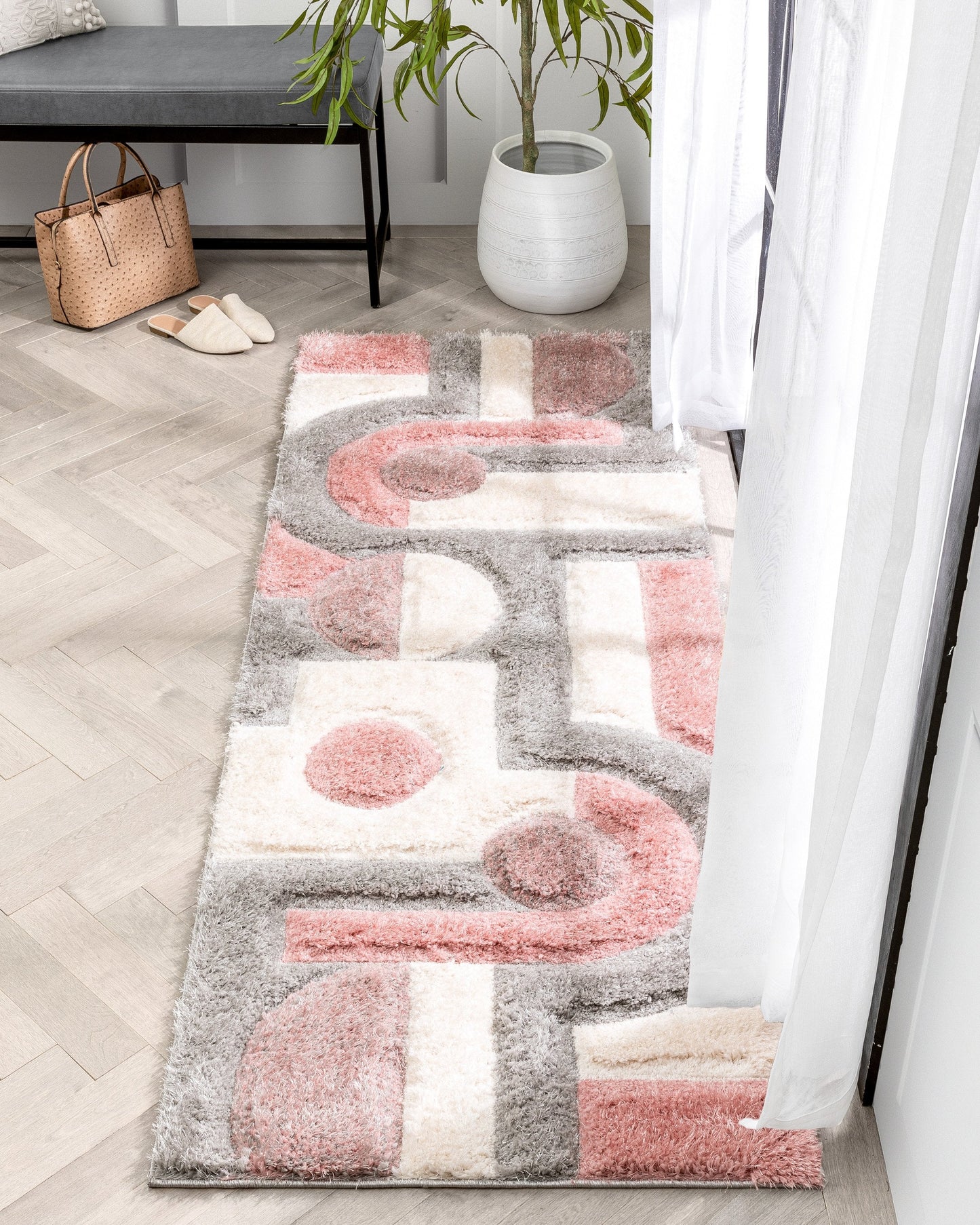 Remi Modern Geometric Stripes 3D Textured Shag Blush Gold Rug LOL-59