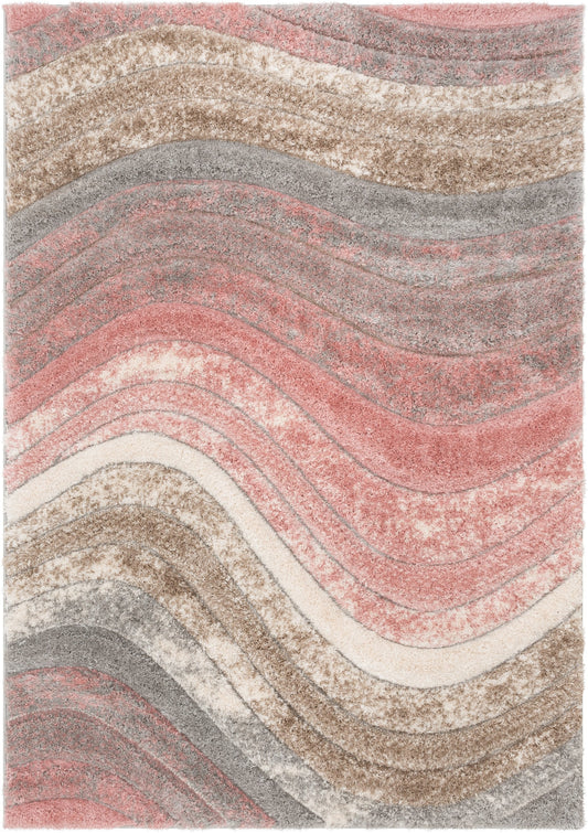 Elsie Modern Abstract Waves 3D Textured Shag Grey Pink Rug LOL-67