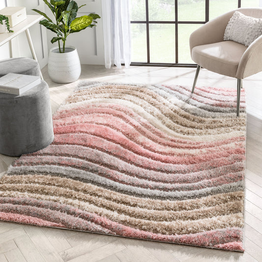 Elsie Modern Abstract Waves 3D Textured Shag Grey Pink Rug LOL-67