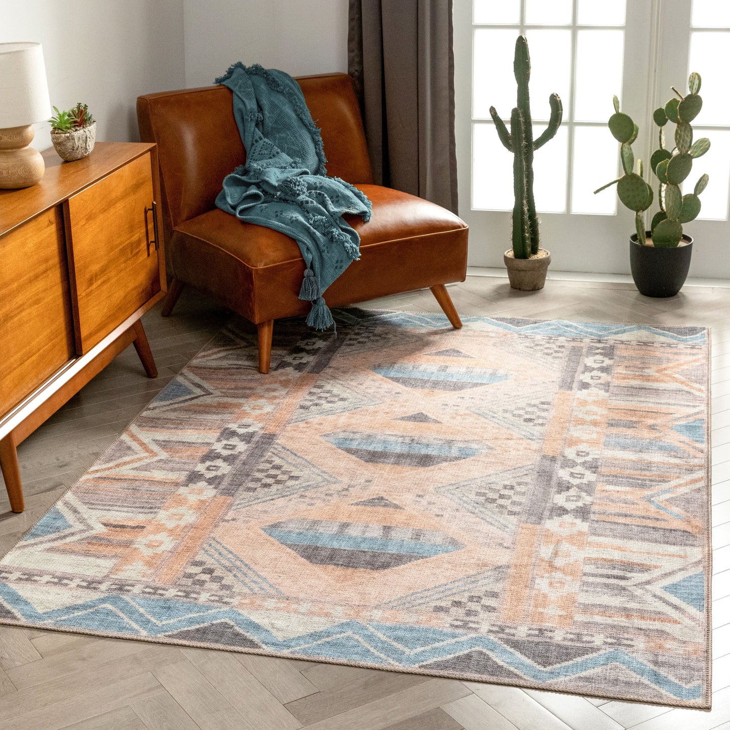 Boron Machine Washable Vintage Gabbeh Geometric Pattern Blush Pink Flat-Weave Distressed Rug LOT-142