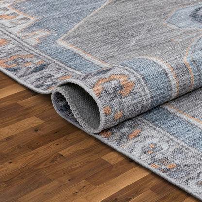 Cambria Machine Washable Vintage Medallion Oriental Light Blue Flat-Weave Distressed Rug LOT-156