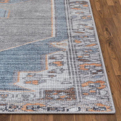 Cambria Machine Washable Vintage Medallion Oriental Light Blue Flat-Weave Distressed Rug LOT-156